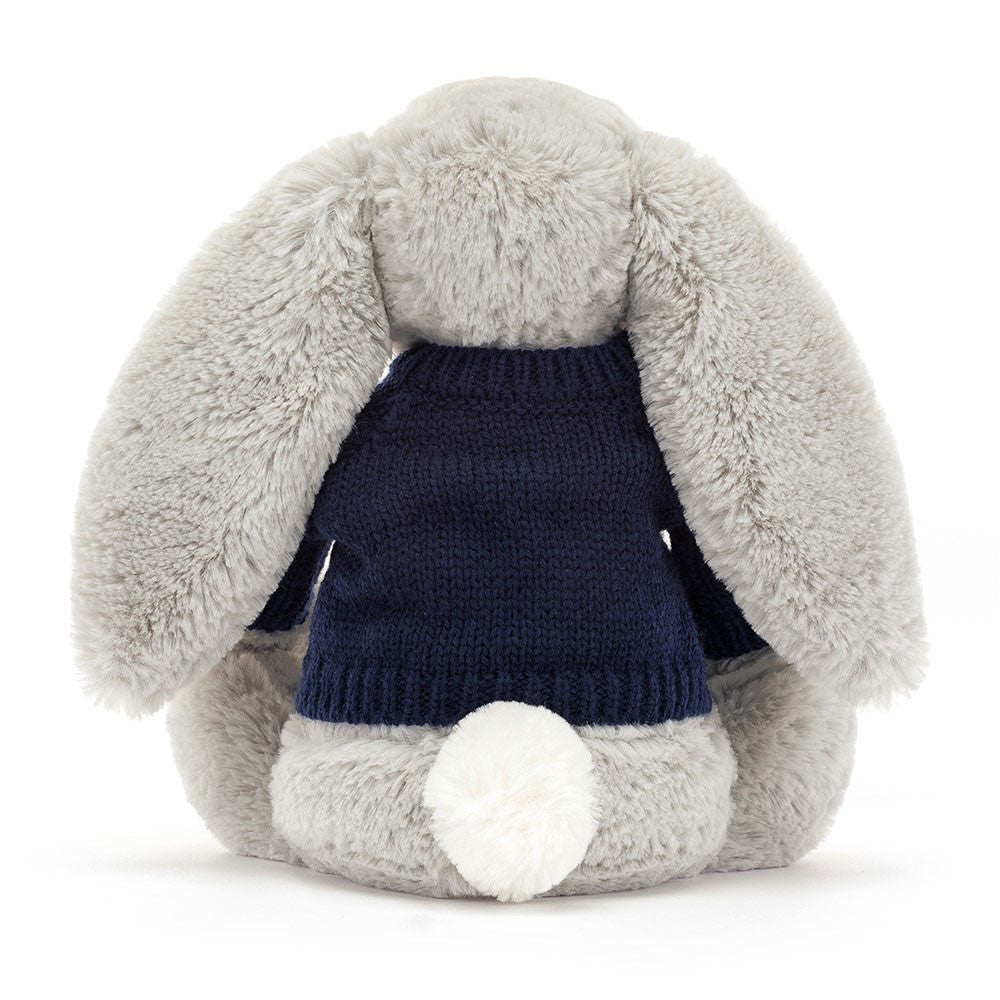 Bashful Silver Bunny With Personalized Navy Jumper - US 4814