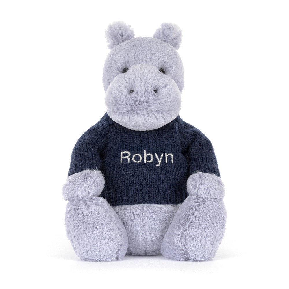 Bashful Hippo With Personalized Navy Jumper - US 2034