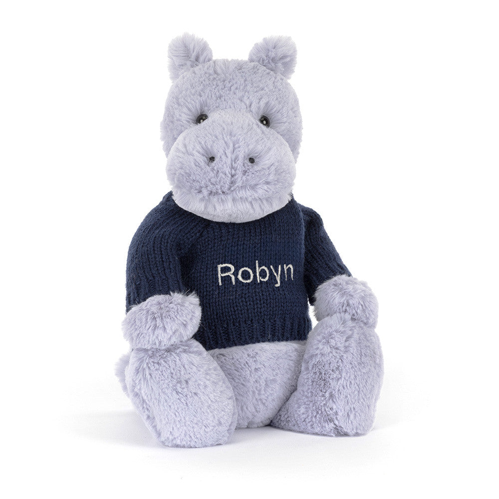 Bashful Hippo With Personalized Navy Jumper - US 2034