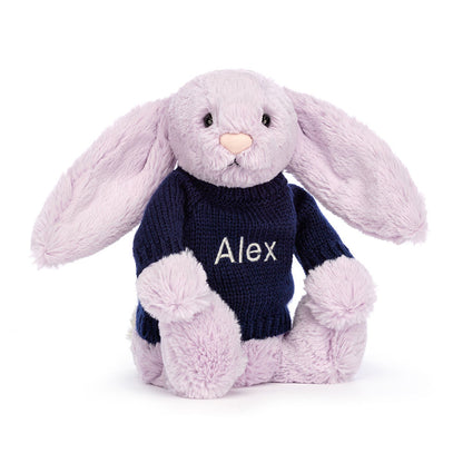 Bashful Lilac Bunny With Personalized Navy Jumper - US 1740