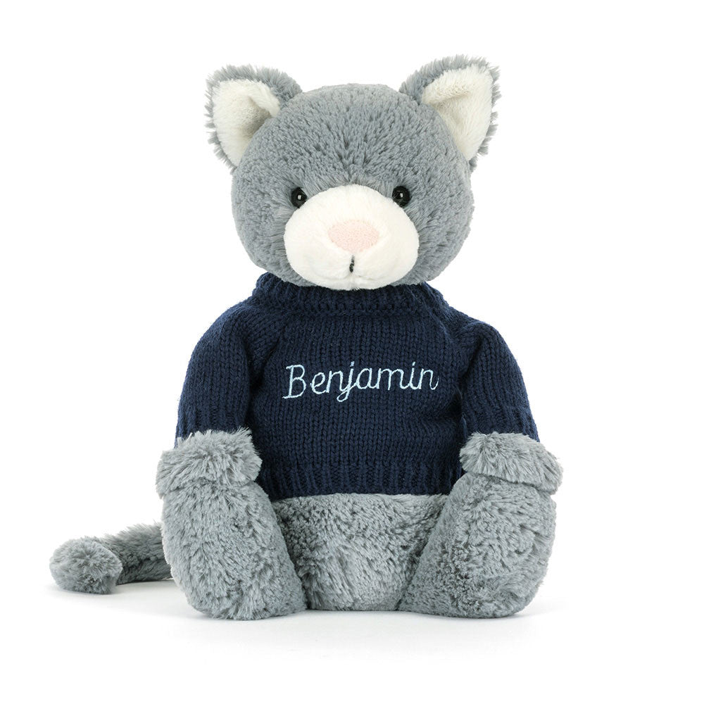 Bashful Kitten With Personalized Navy Jumper - US 8006