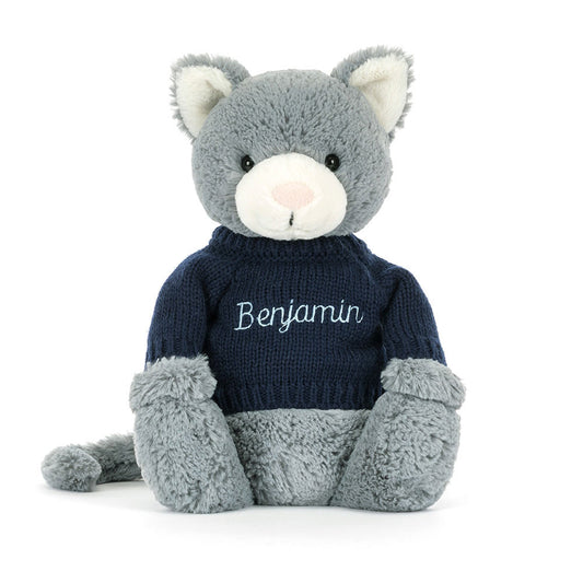 Bashful Kitten With Personalized Navy Jumper - US 8006
