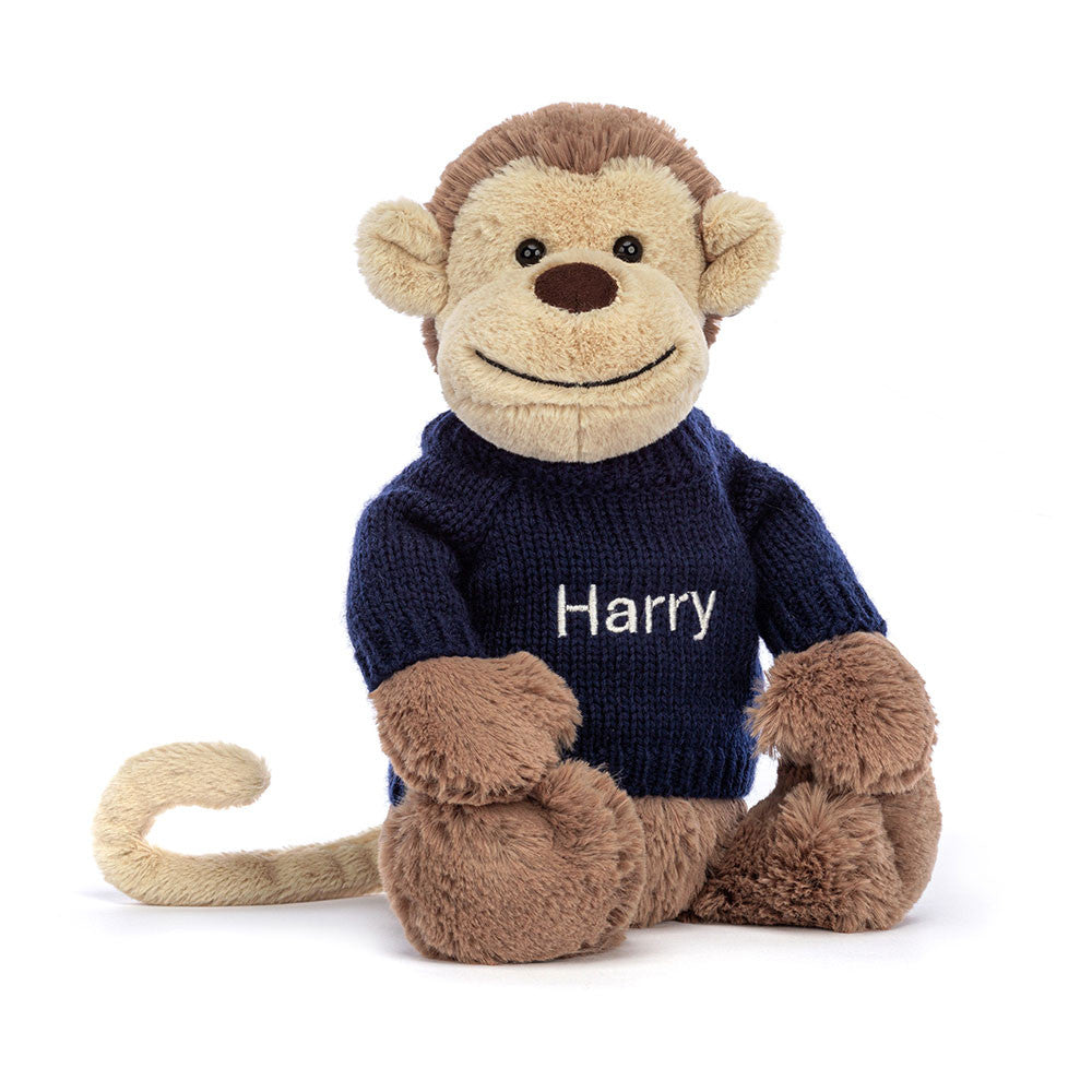 Bashful Monkey With Personalized Navy Jumper - US 0829