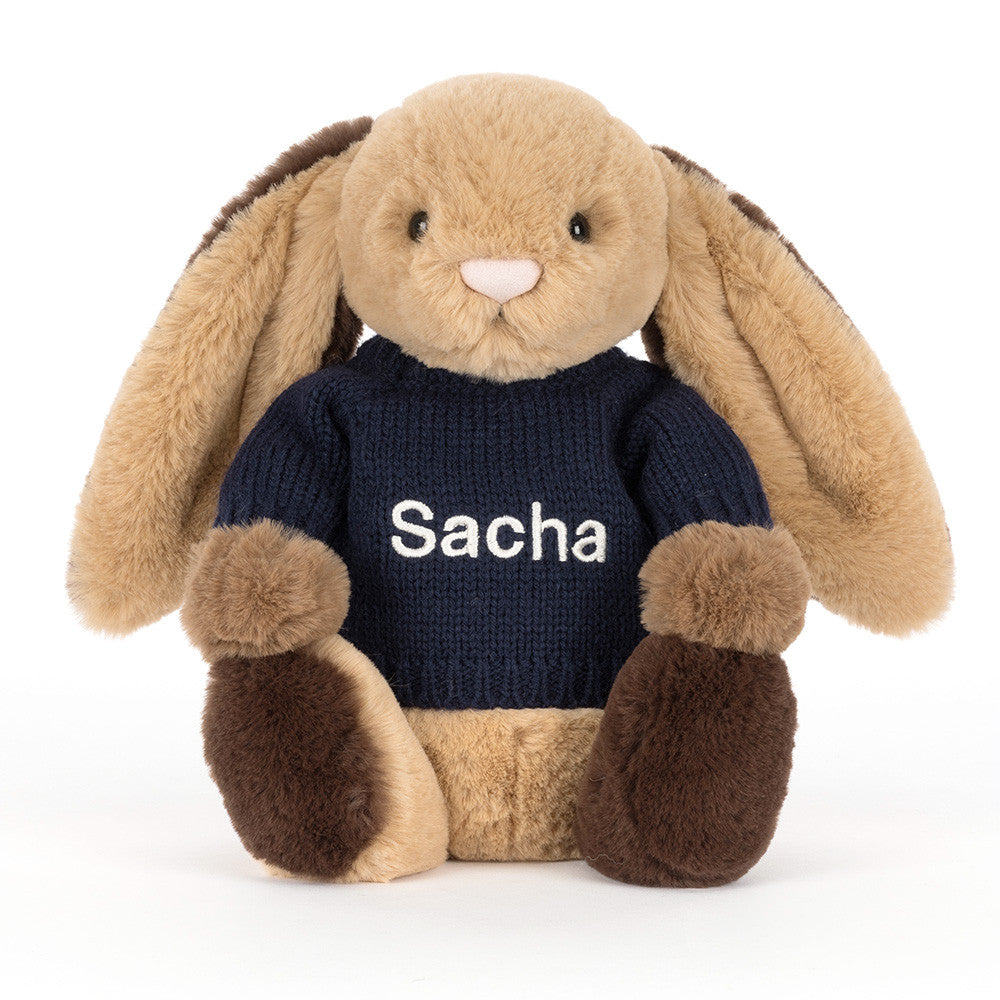 Bashful Patchwork Brown Bunny With Personalized Navy Jumper - US 2965