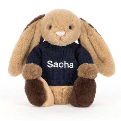 Bashful Patchwork Brown Bunny With Personalized Navy Jumper - US 2965