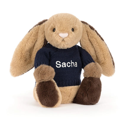 Bashful Patchwork Brown Bunny With Personalized Navy Jumper - US 2965