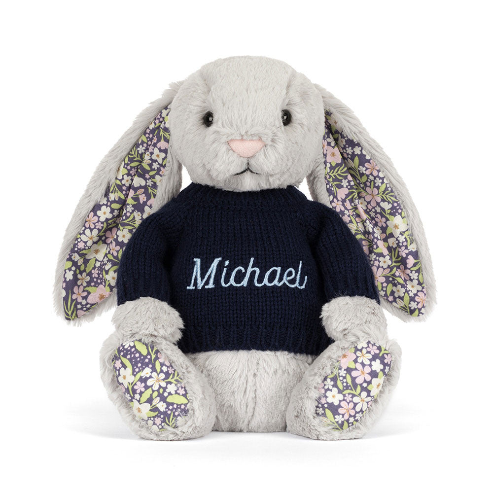 Blossom Silver Bunny 'Bloom' With Personalized Navy Jumper - US 1297