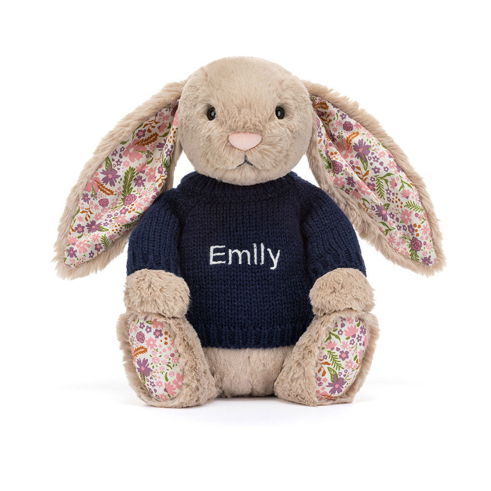 Blossom Beige Bunny 'Petal' With Personalized Navy Jumper - US 1844