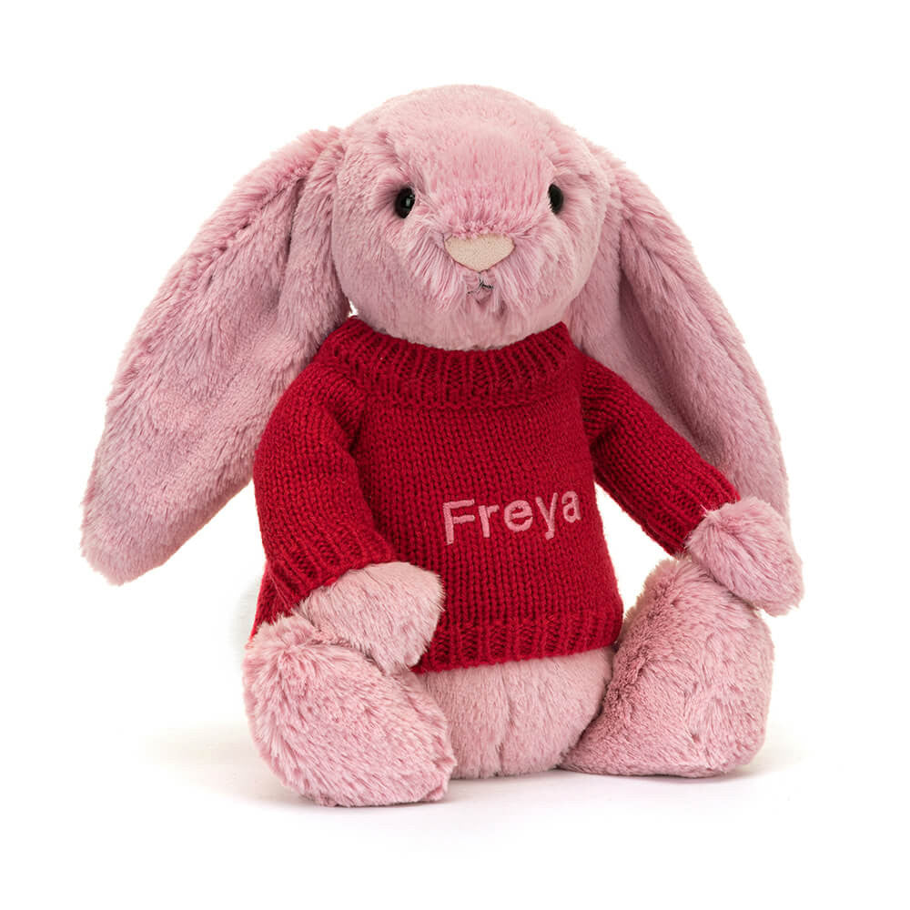 Bashful Tulip Pink Bunny With Personalized Red Jumper - US 0038